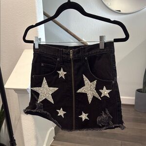 Black Denim Skirt with Silver Star Accents